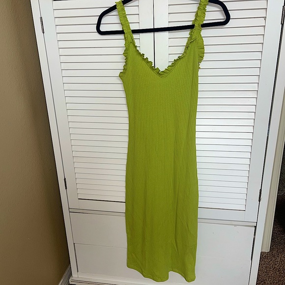 Zara Dresses & Skirts - ZARA Lime Green Bodycon Tank Top Mid-Length Dress with Ruffled Straps